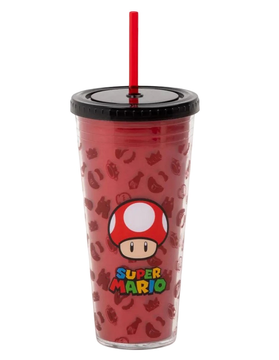 Vaso con tapa y popote Super Mario